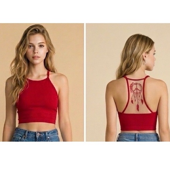Raj Other - Red Ribbed High Neck Bralette Mesh Peace Dreamcatcher Back Festival Crop Top
